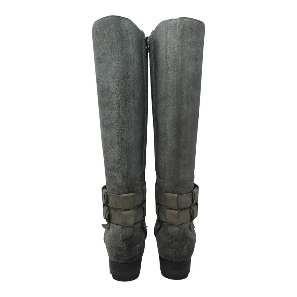Sorel Emelie Tall Boot Women 8.5 Gray Leather Suede Waterproof Buckle